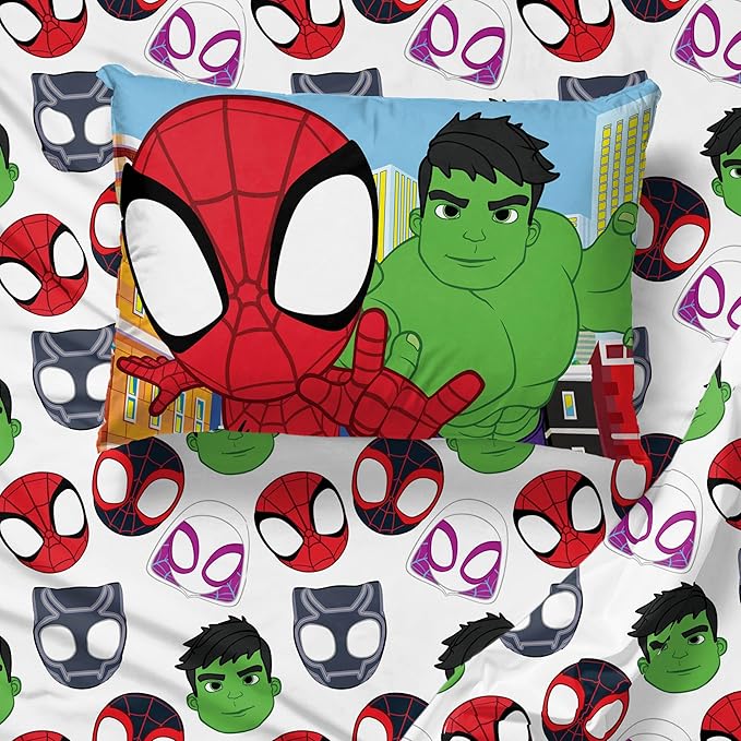 Sunny Side Up Spidey & His Amazing Friends Full Sheet Set - 4 Piece Kids Bedding Set Includes Pillow Cover - Super Soft Superhero Microfiber Sheets Features Miles Morales & Ghost Spider