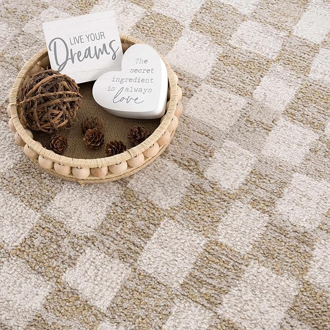 Hauteloom Pertek Modern Checkered Area Rug - Modern Geometric Carpet for Living Room, Kids Room, Nursery - Bohemian Boho Carpet - Cream, Beige, Gold - 6'7" x 9'