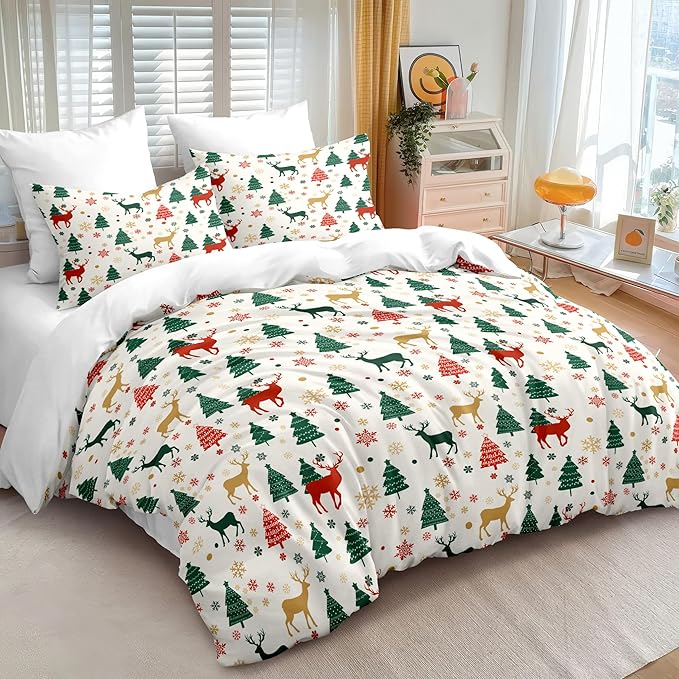 Christmas Duvet Cover Queen Size Green Christmas Tree Bedding Set 3 Pcs Kids Boys Girls Xmas Deer Pattern Comforter Cover with Zipper Closure (No Comforter)