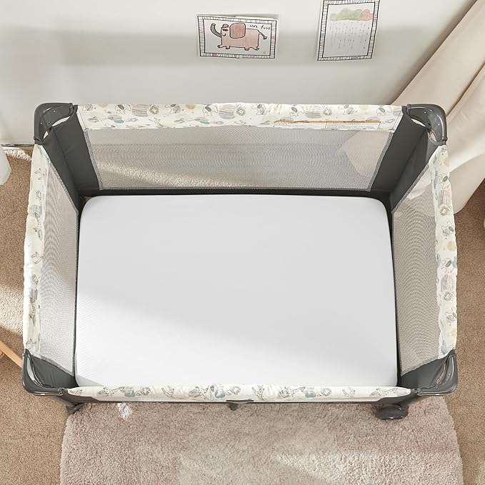 TILLYOU Mini Crib Fitted Sheets - Soft Knit Sheet for Pack N Play, Microfiber Mini Crib Sheets, Playpen Bedding Sheet for Baby 2 Pack, Machine Washable, White & Peachy Pink