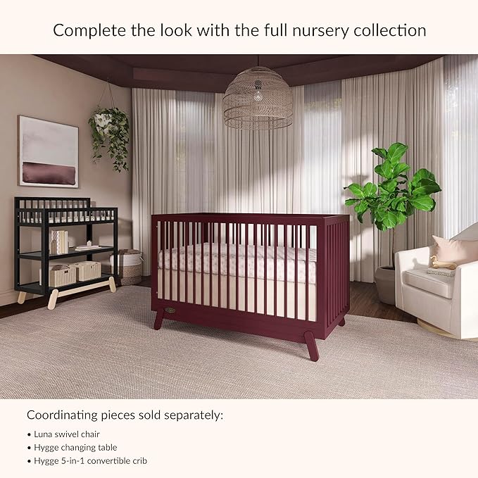 Dream On Me Hygge 5-in-1 Convertible Full-Size Baby Crib in Auburn, GreenGuard Gold & JPMA, Converts to Toddler, Day & Full-Size Bed, Adjustable Mattress Heights, Modern Nursery
