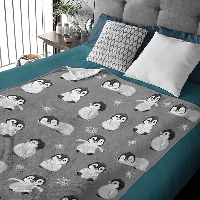 Thuswarm Cute Penguin Grey Flannel Throw Blanket Gifts Warm Cozy Soft Funny Print Blankets for Summer Room Decoration Bed Couch Sofa 50”×40” Small for Kid