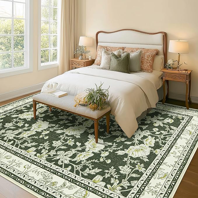 Olive Green Floral Print Area Rugs for Bedroom Living Room Boho Farmhouse Country Rustic Dining Room Carpet Soft Washable Rugs Non Slip Floor Covering for Nursery Playroom 6x9