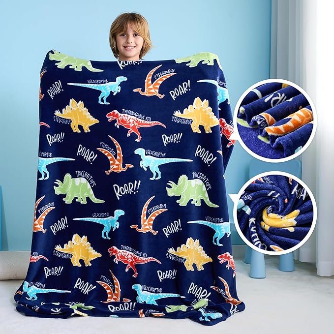 Joiedomi Glow in The Dark Blanket Dinosaur Toys for Kids 3-5 Dinosaur Gifts Toys for Age 2 3 4 5 6 7 8 9 10 11 12 Year Old, Soft Cozy Flannel Kids Throw Blanket, Birthday 40"×60"