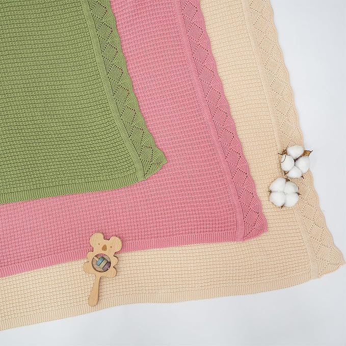 Baby Knit Blanket, 100% Cotton Waffle Patterns, Soft, Cozy, Lightweight Swaddle for Newborn & Infant Swaddling Beige Neutral, Perfect Baby Shower Ideas Sage Green 28x36