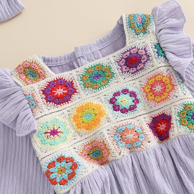 Gaono Newborn Baby Girl Smocked Bubble Romper Cute Boho Summer Clothes Ruffle Sleeveless Crochet Flower Vintage Bodysuit