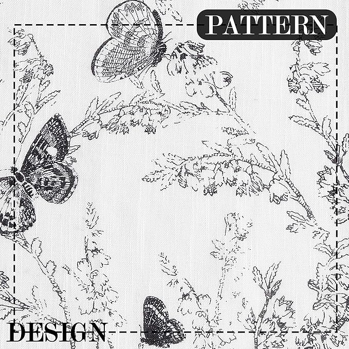 Jubilantex Butterfly Leaf Semi Sheer Curtains 84" L Curtain Panels for Kids Bedroom,Black Print on White Light Filtering Window Drapes,Grommet Top