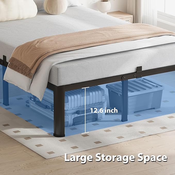 14 Inch Full Size Bed Frame, 3500Lbs Heavy Duty Metal Platform with Round Corner Legs Mattress Slide Stopper, Steel Slat Support No Box Spring Needed, Noise Free, Non-Slip, Easy Assembly