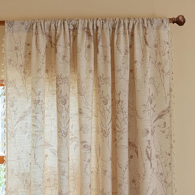 ENJOYBRIDAL Floral Curtains 84 Inches Long Farmhouse Semi Sheer Drapes Bird Patterned Rod Pocket 2 Panel Sets Boho Window Curtains Bedroom Living Room Botanical Aesthetic Decor Tassel Window Treatment