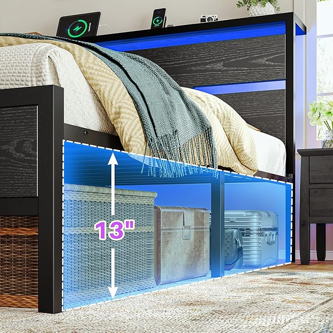 King Size Bed Frame with LED Lights & Charging Station, King Bed Frame and Headboard,13" Under Bed Storage, Noise-Free Heavy Duty Metal Support, Modern Black