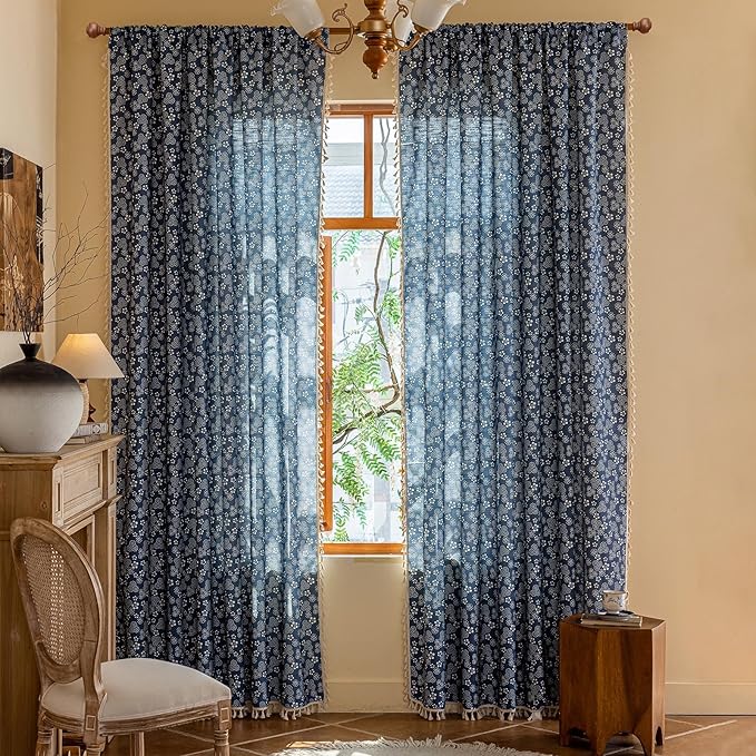 ENJOYBRIDAL White Floral Curtains 84 Inch Long Semi Sheer Navy Blue Drapes Decor Farmhouse Bedroom Tassel Window Curtains 2 Panel Sets Boho Rod Pocket Living Room Aesthetic Window Treatments