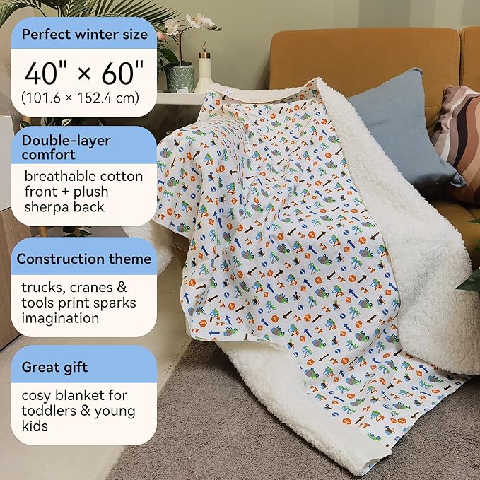 Kids Sherpa Throw Blanket – Soft Cotton & Warm Sherpa Toddler Blanket, Trucks, Cranes & Construction Vehicles Pattern, Plush Winter Bed Throw, 40 x 60 inches