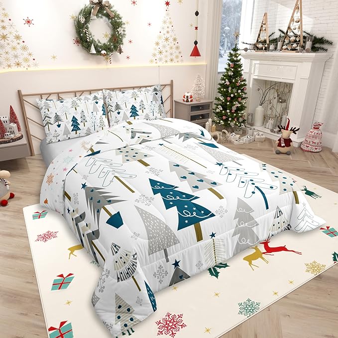 Xmas Trees Comforter Set King Size,Merry Christmas Pine Hand Drawn Bedding Set All Season Quilt Set,Blue Plant Snowflakes Winter Microfiber Polyester Down Comforter