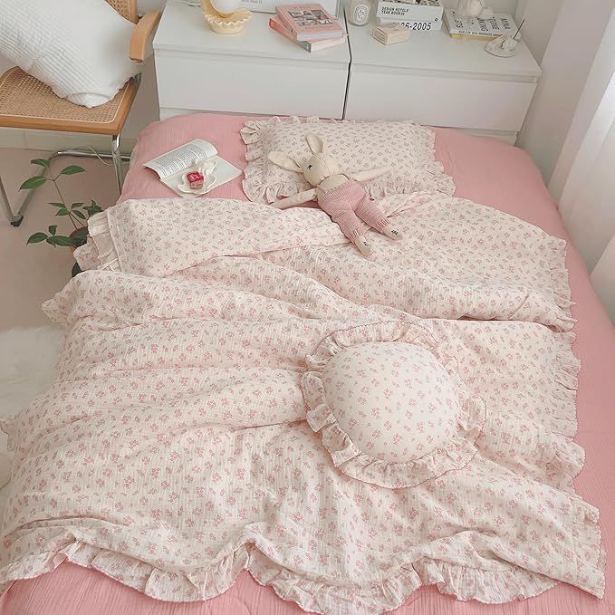 BuLuTu Pink Galsang Flower Print Girls Duvet Cover Twin Size Comforter Cover Gauze Cotton Kids Teens Bedding Vintage Floral Design Quilt Cover with Ruffles, 68"x86", No Pillow Case/Comforter