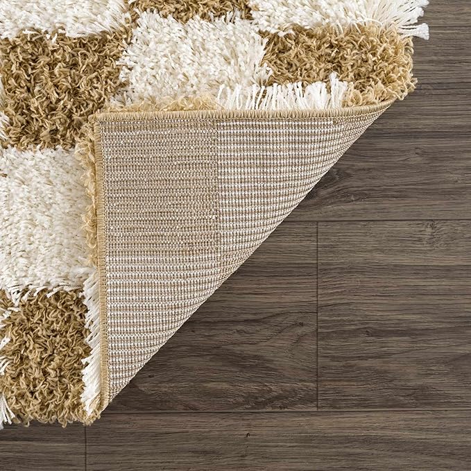 Hauteloom Atira Contemporary Checkered Fluffy Shag Runner Rug - Modern Geometric Carpet Tiles for Hallway, Kids Room - Plush Pile Carpet Squares - Yellow, Cream, White - 2'7" x 7'3"