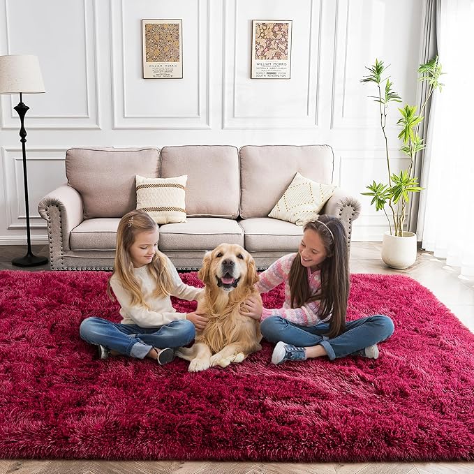 5x7 Rugs for Living Room - 1.4" Height Pile Plush Rug - Non-Slip Fluffy Throw Carpet for Bedroom - Burgundy