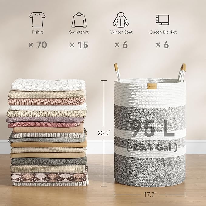 95L Striped Laundry Hamper with Leather Handles ,Large Foldable Laundry Basket for Clothes,Cotton Rope Storage Bin for Blankets,Woven Clothes Basket for Bedroom,Gray Stripes