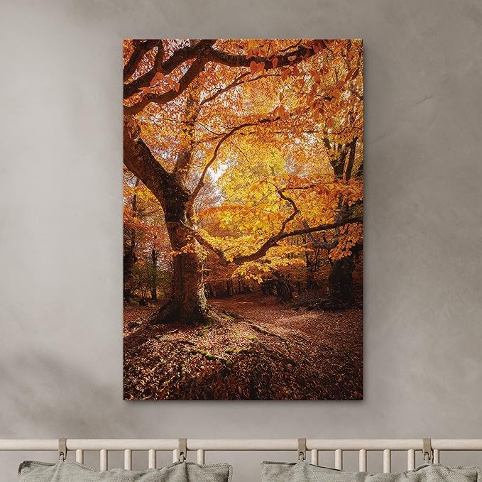 SIGNWIN Canvas Print Wall Art Autumn Red Leaf Oak Tree Forest Nature Wilderness Photography Modern Art Farmhouse/Country Landscape Colorful Multicolor Ultra for Living Room, Bedroom, Office - 12x18