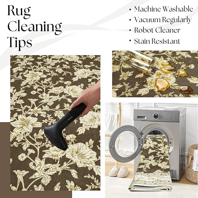 Brown Floral Print Area Rugs for Bedroom Living Room Boho Farmhouse Country Rustic Dining Room Carpet Soft Washable Rugs Non Slip Floor Covering for Nursery Playroom 6x9