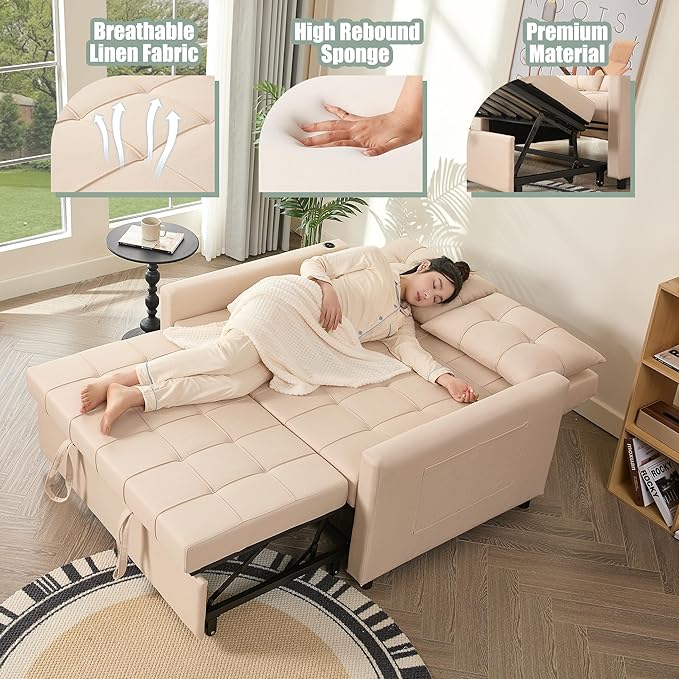52" Sleeper Sofa with Pull-Out Bed, 3-in-1 Convertible Sofa Bed, Loveseat with Stepless Adjustable Backrest and Side Pocket, for Living Room Dorm Apartment, Linen, Beige