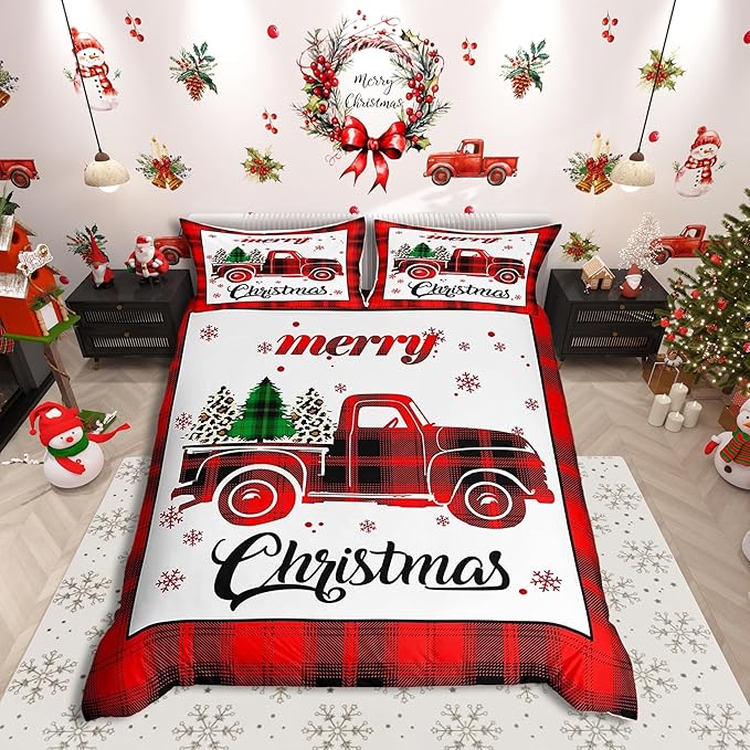 Xmas Truck Duvet Cover Set Twin Size, Christmas Tree Snowflake Print Bedding Set 2pcs for Kids Boys Girls Bedroom Decor, New Year Theme Red Plaid Print Comforter Cover with 1 Pillowcase,No Comforter