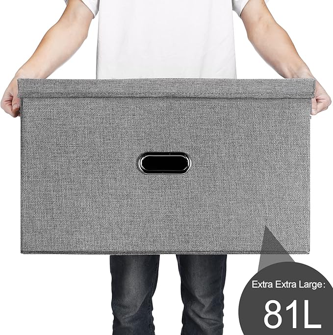 Large Linen Fabric Foldable Storage Bins with Removable Lid and Handles, Washable Storage Box Organizer Containers Baskets Cube with Cover for Bedroom,Closet,Office,Nursery (Grey, XXL)