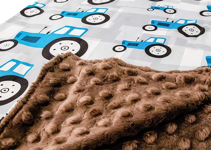Top Tots Baby Blanket - Tractor with Brown Minky Dot, 38.5 x 29 Inch Blue & Grey