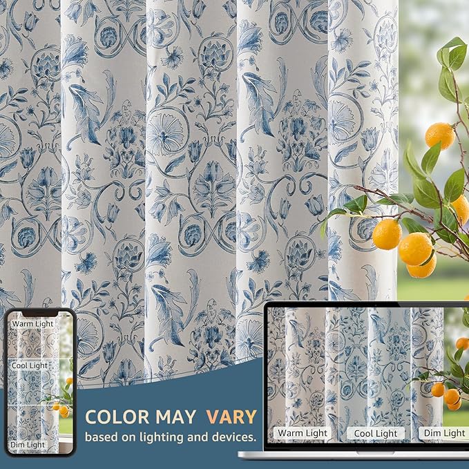 jinchan Floral Blackout Curtains for Bedroom Living Room 63 Inches Length Farmhouse Curtains Room Darkening Vintage Short Drapes Traditional Rod Pocket Window Treatment 2 Panels Set Blue on Beige