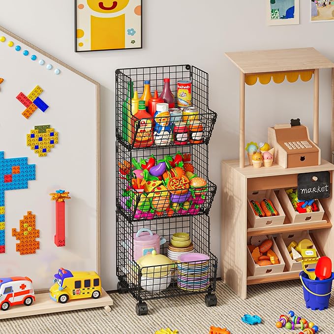 Sonyabecca Outdoor Toy Storage Basket, Play Kitchen Organizer with 5 S-Hooks,3 Tier Rolling Storage Cart Garage, Pantry Floor Snack Cart with Wheels,Toy Shelf Dog Storage Organizer Kids Bookshelf