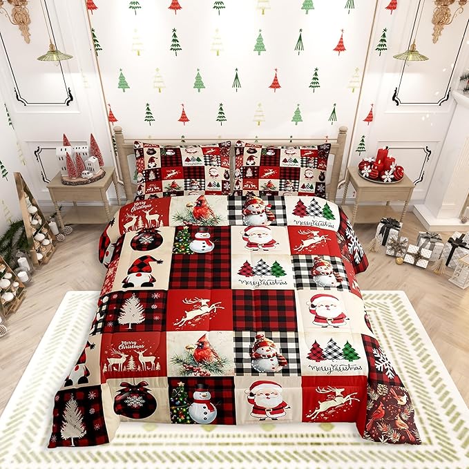 Christmas Comforter Set Queen Size,Red Plaid Holiday Design Bedding Set 3pcs,Snowman Santa Claus New Year Patchwork Down Comforter for All Season, Kids Boys Girls Room Decor,2 Pillowcases,No Sheets