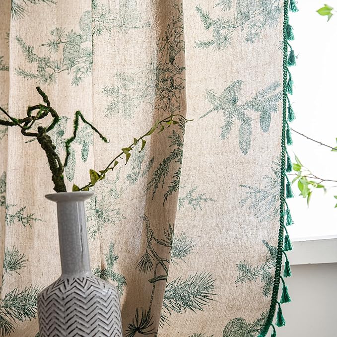 Bohemian Curtains Floral Semi Sheer Drapes 96 Inch Length Cotton Linen Farmhouse Curtain Panels with Tassel Green Botanical Print Rod Pocket Room Darkening Curtain for Living Room Bedroom, 2 Panel