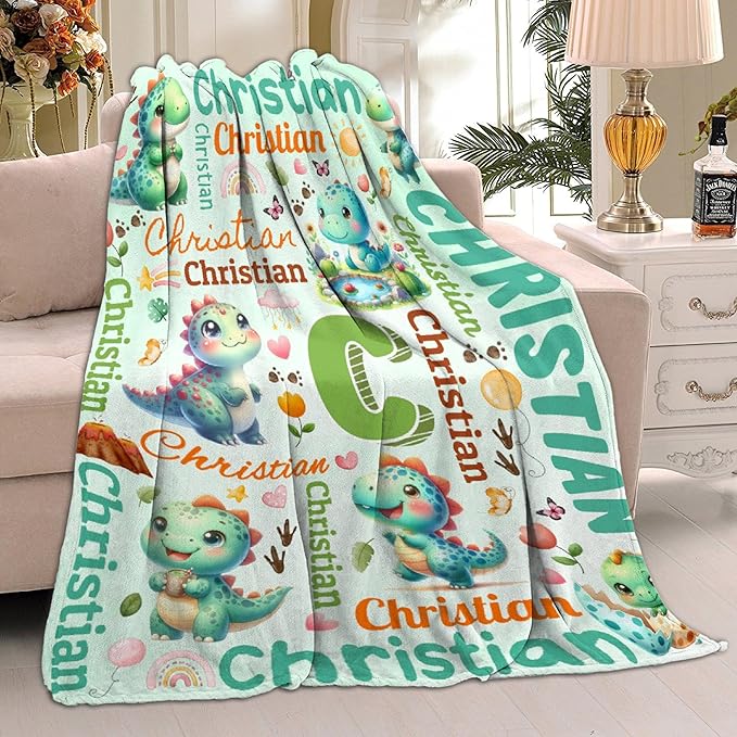 Personalized Custom Green Dinosaur Preschool Blanket Gifts for Baby Toddler Kids Boys Girls - Customized Green Dinosaur Super Soft Flannel Sheets Decor for Crib Nap Couch - 40"x50" for Kids/Children