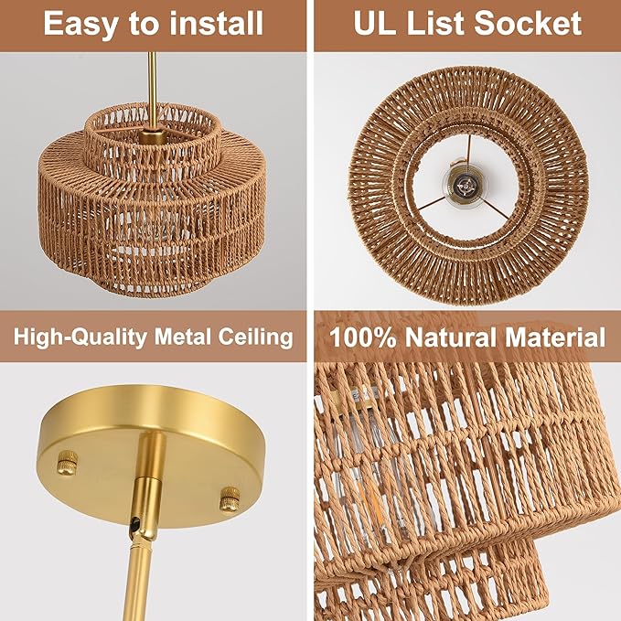 12.4”Boho Rattan Chandelier for Dining Room, 1-Light Hand Woven Pendant Light Fixture Farmhouse Rustic Ceiling Hanging for Kitchen Island Bedroom Living Room Nursery Foyer