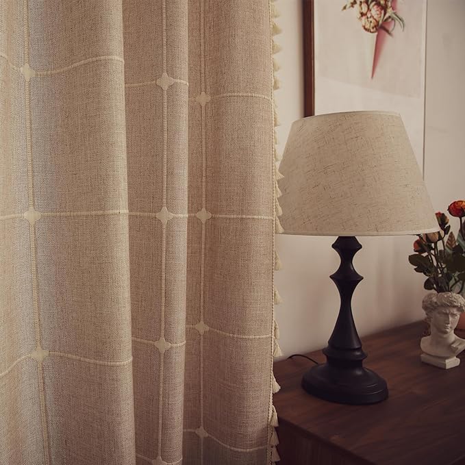 Deeprove Boho Curtains 72 Inches Length Bohemian Lattice Gingham Chic Textured Embroidery Plaids, Vintage Tassels Home Decor Drapes Light Filtering Rod Pocket, 1 Panel W52 x L72, Natural Linen