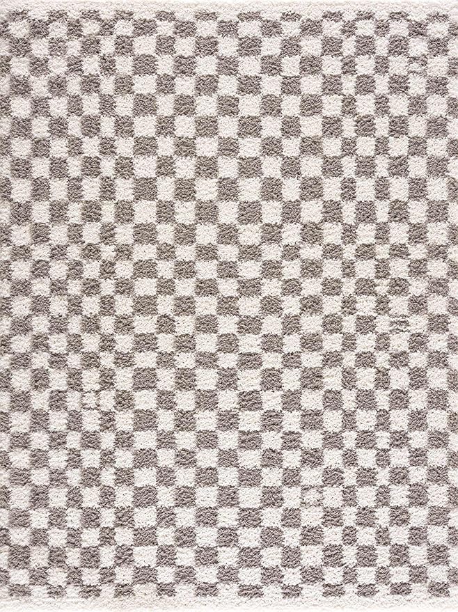 Hauteloom Kieu Contemporary Checkered Fluffy Shag Area Rug - Modern Geometric Soft Carpet Tiles for Living Room, Kids Room, Nursery - Gray, Light Grey, White - 5'3" x 7'