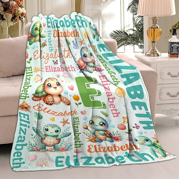 Personalized Custom Cute Turtle Blanket Gifts for Kids Boys Girls with Name - Customized Cute Turtle Super Soft Lightweight Flannel Sheets Decor for Crib Nap Couch - 90"x120" for Whole Family