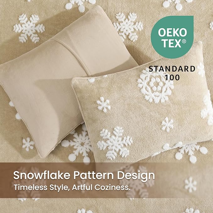 Amélie Home Christmas Comforter Set Queen, Beige Snowflake Comforter, Fluffy Fleece Comforter Set, Super Soft &Fluffy Plush Bedding Set for Winter, 3 Pieces, 1 Soft Comforter and 2 Pillow Shams