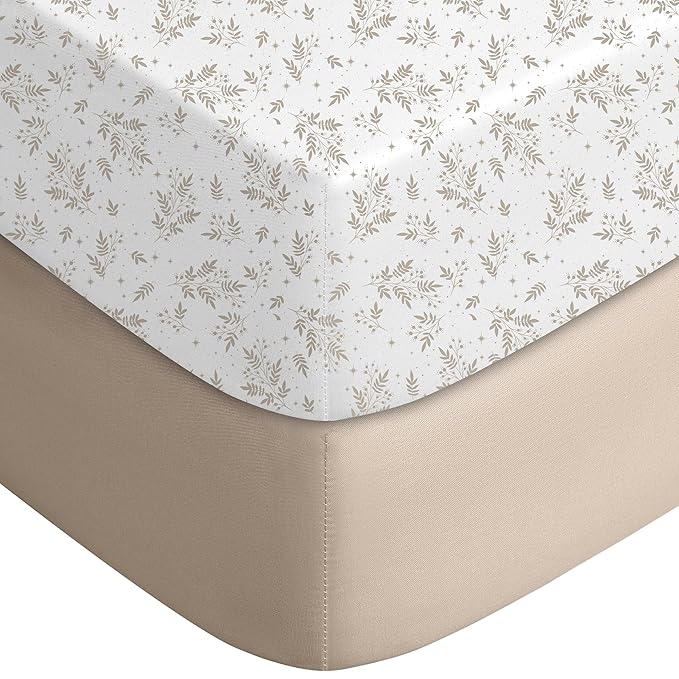 Yoofoss Pack and Play Sheets Fitted, Mini Crib Sheets 2-Pack for Pack N Play Mattress, Stretchy Playard Sheet, Soft and Breathable Brown+Leaf