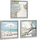 Coastal Framed Wooden Wall Art: Ocean Pictures Sailboat Art Prints Beach Artwork Collection Set of 3 Seascape Decorations for Home