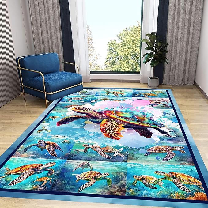 Turtle Area Carpet, 3x5ft, Colorful Ocean Themed Sea Turtle Floor Rugs, Blue Underwater Painting Rugs for Home Decoration, Fade Resistant Soft Foldable Mats for Dorm Family Entrance