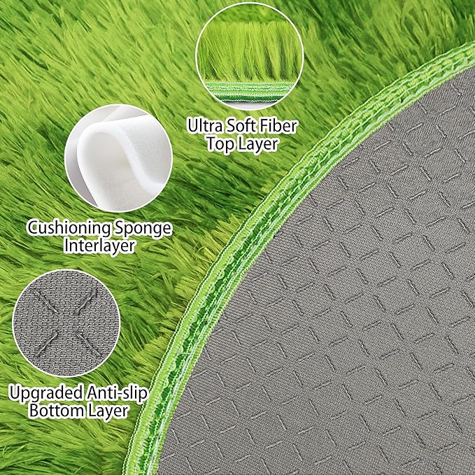 4 ft Fluffy Green Grass Area Rugs for Bedroom,Tie Dyed Plush Circle Rug Shag Round Carpet Fuzzy for Living Room Baby's Toddler's Boys Girls Room Kids Playroom Nursery Decor Aesthetic