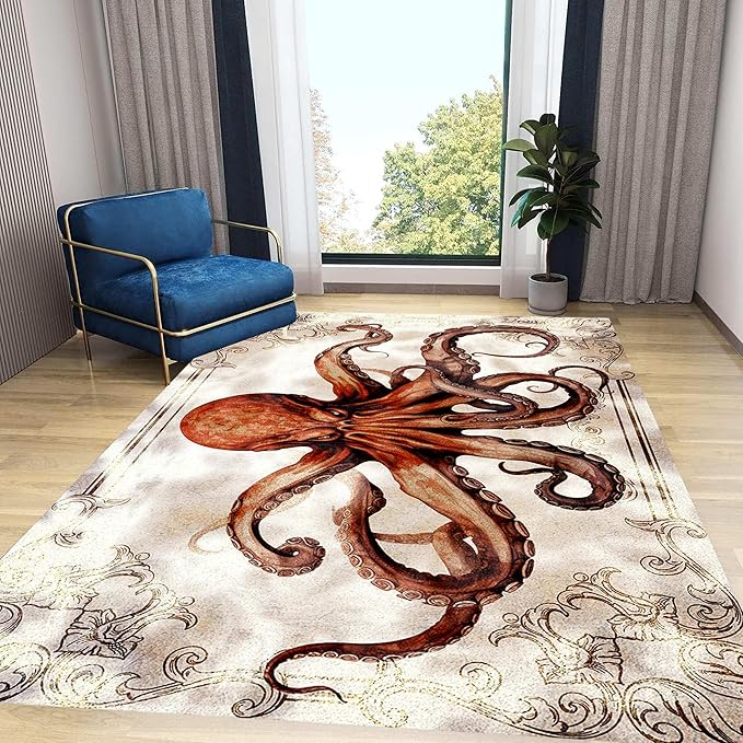 Octopus Area Rugs, 3x5ft, Vintage Ocean Octopus Print Indoor Throw Rug, Fade Resistant Durable No Crease Carpet, Rubber Backed Anti-Slip Printed Carpets for Bedside Dining Table