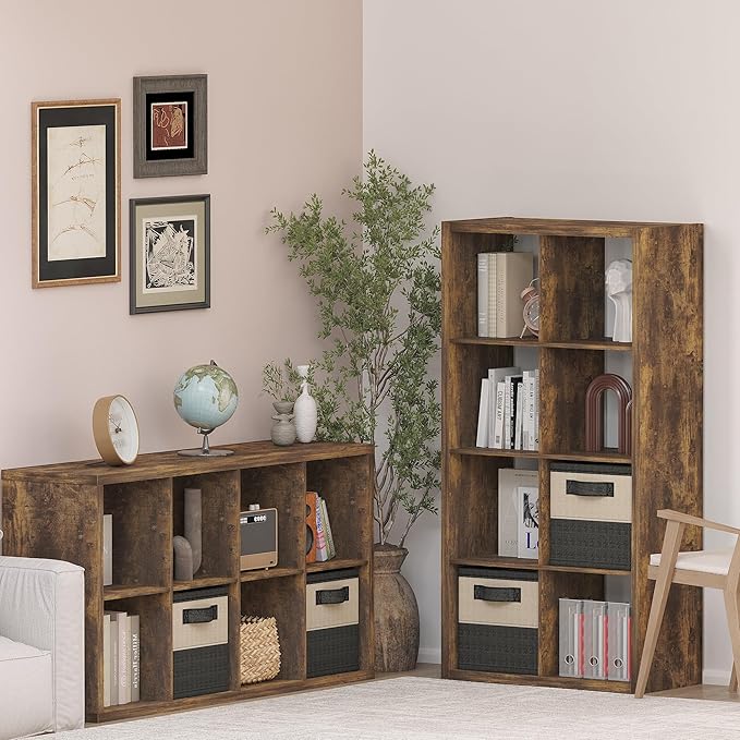 14.6" x 30" x 57.9" Eight Cubed Storage Organizer, Wood Cube Storage Organizer with 8 Cubbies, 8 Cubes Shelving for Office, Bedroom, Living Room, Playroom, Brown
