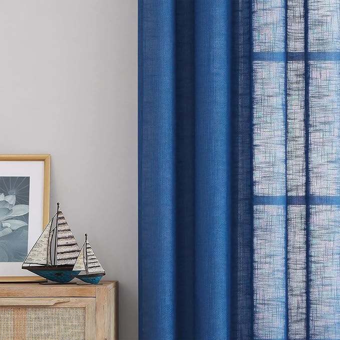 FMFUNCTEX Linen Semi Sheer Curtains for Bedroom, Navy Blue Curtains 63 Inch Length for Living Room, Country Farmhouse Sheer Drapes, Light Filtering Window Curtain, Grommet Top 2 Panels