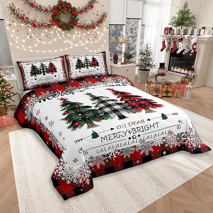 Christmas Comforter Set Queen Size, Red Plaid Xmas Trees Bedding Set 3pcs , Winter Snowflake New Year Reversible Down Comforter for All Season, Kids Boys Girls Room Decor, 2 Pillowcases, No Sheets