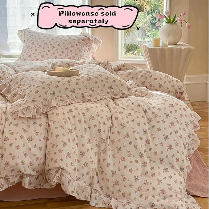 BuLuTu Kids Toddler Girls Duvet Cover Twin Retro Tuberose Floral Quilt Cover with Ruffles, Muslin Comforter Cover Soft Breathable Gauze Cotton Children Bedding, No Pillow, Zipper,4 Ties