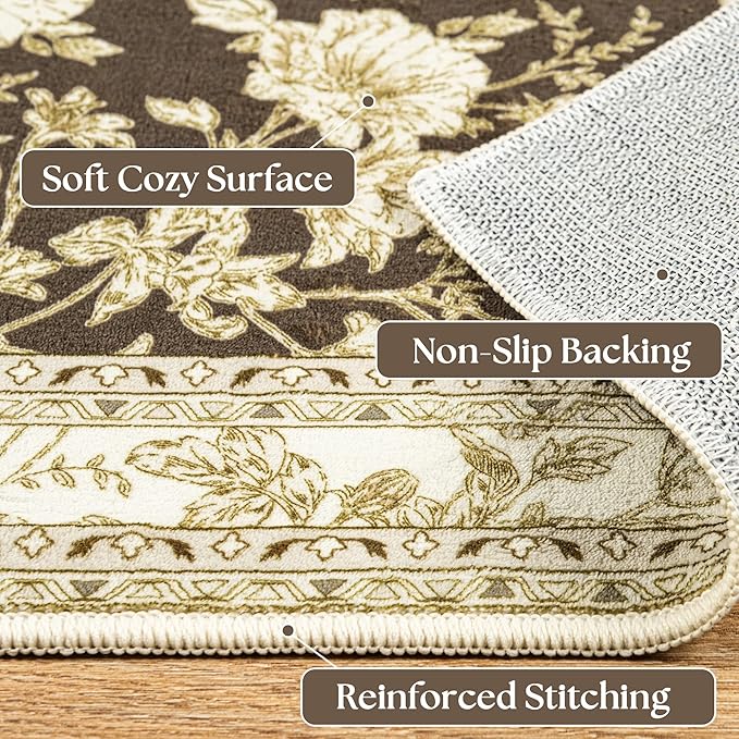 Brown Floral Print Area Rugs for Bedroom Living Room Boho Farmhouse Country Rustic Dining Room Carpet Soft Washable Rugs Non Slip Floor Covering for Nursery Playroom 3x5