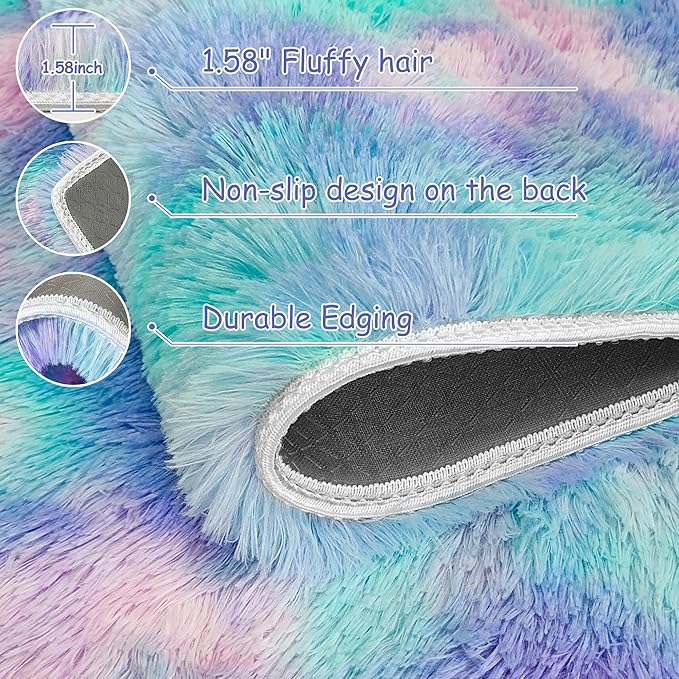 Shaggy Tie Dyed Light Blue Purple Runner Rug 2x8 ft Bedside Area Rugs for Living Room, Anti-Skid Extra Comfy Fluffy Floor Carpet for Indoor Hallway Home Decorative