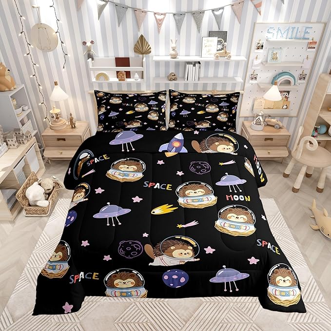 Cartoon Hedgehog Astronaut Comforter Set,Space Planet Bedding Set Kids Teens Modern Decor,Spaceship Starry Sky Comforter with 1 Pillowcase for All Seasons,Twin