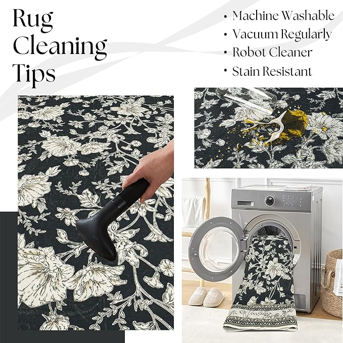 Black Floral Rug 5x7 Machine Washable Area Rug for Living Room Vintage Boho Farmhouse Low Pile Distressed Carpet for Dining Room, Bedroom Indoor Non-Slip Black Beige Taupe Flower Design Home Decor